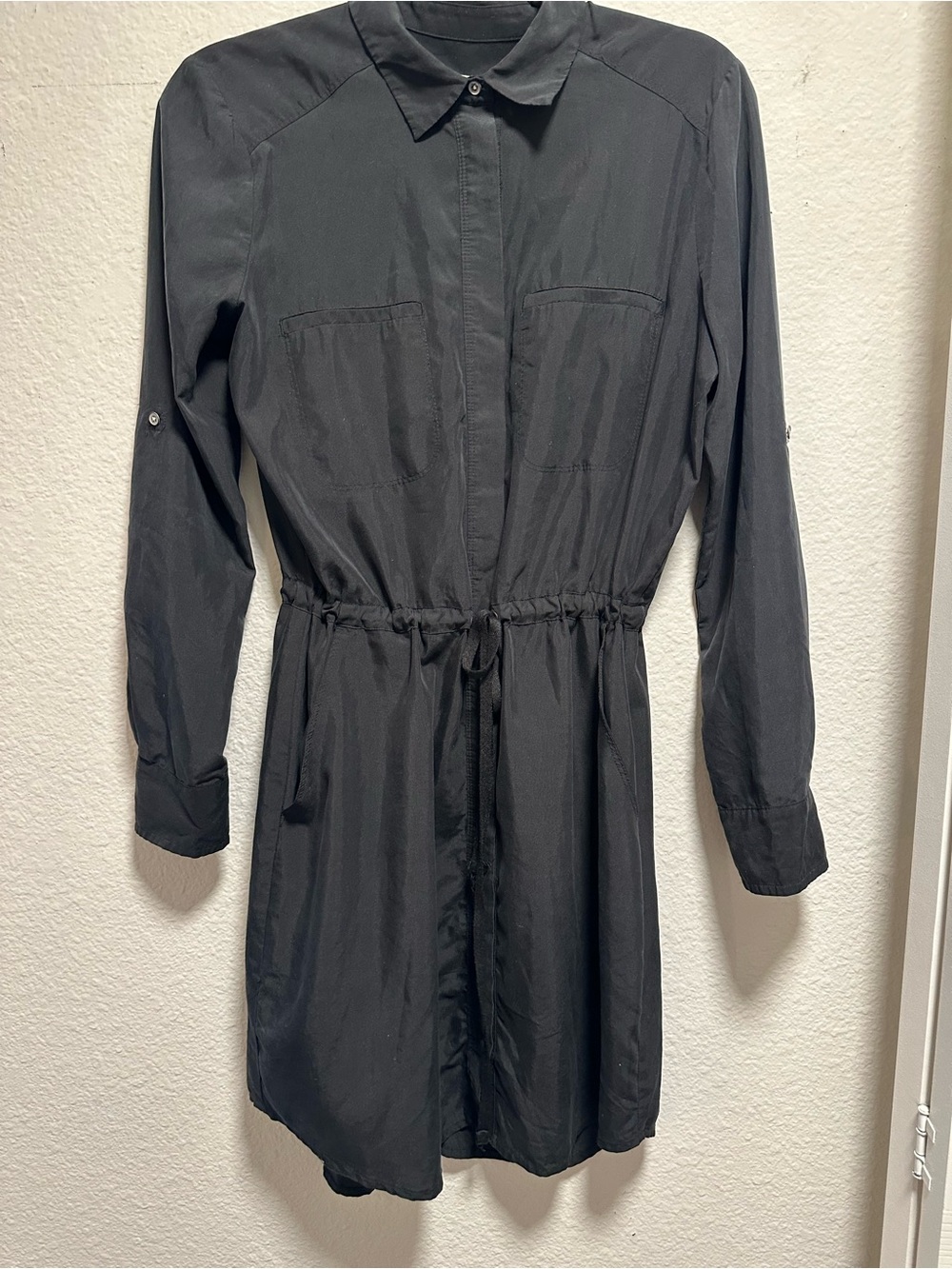 Lou & Grey Black Shirt Dress Size Small Drawstring Waist Roll Tab Sleeves